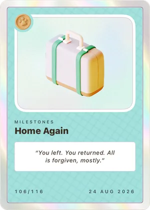 Home Again card, a suitcase on teal stock