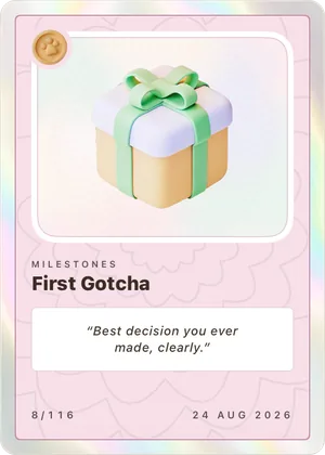 First Gotcha card, a wrapped gift on blush stock