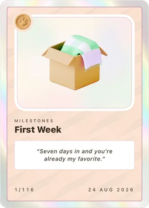First Week card, an open box on peach stock