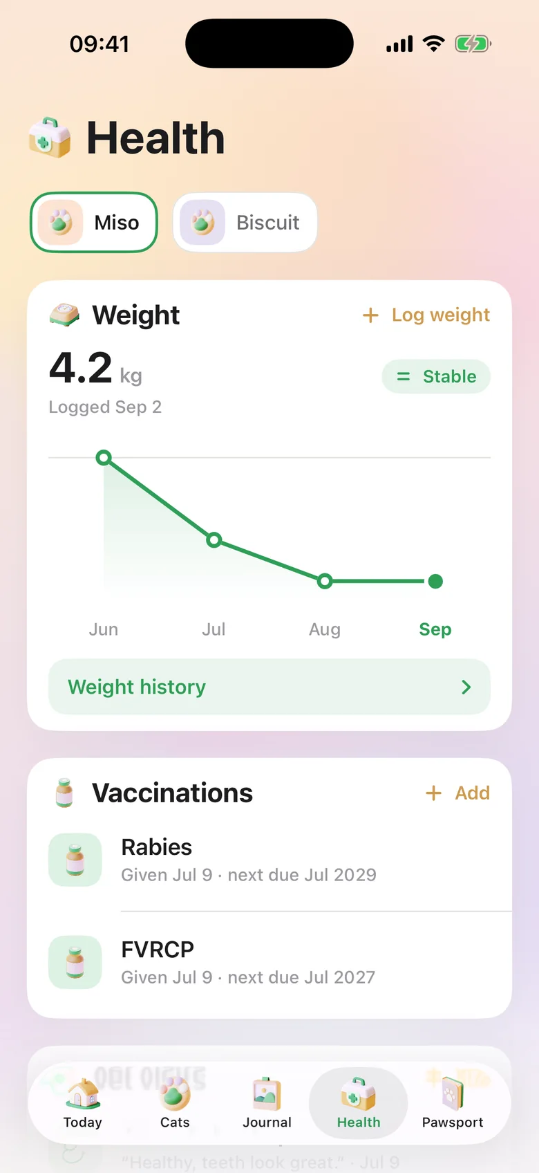 The Health screen for Miso: a weight chart trending to a stable 4.2 kg, and vaccination records with next due dates