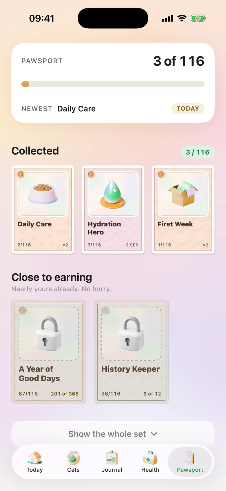 The Pawsport tab: 3 of 116 cards collected, the newest being Daily Care, and two cards close to earning