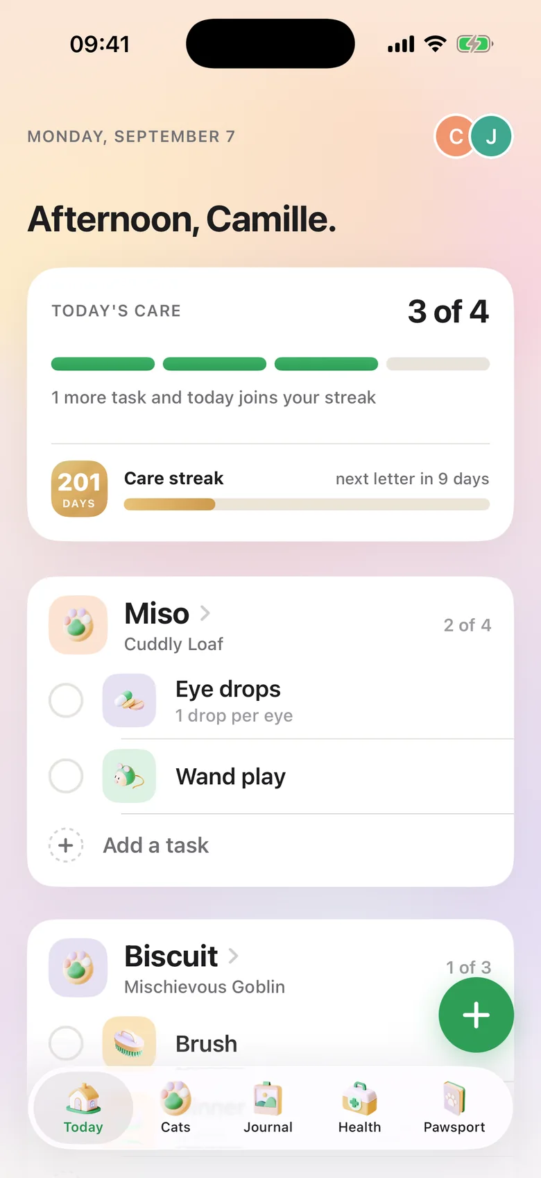 The Today screen: a care progress bar showing 3 of 4 done, a 201 day care streak, and per cat task lists for Miso and Biscuit